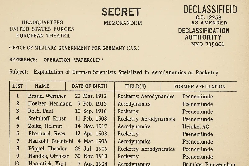 Declassified U.S. Army memo listing recruited Nazi scientists under Operation Paperclip, marked “SECRET”.