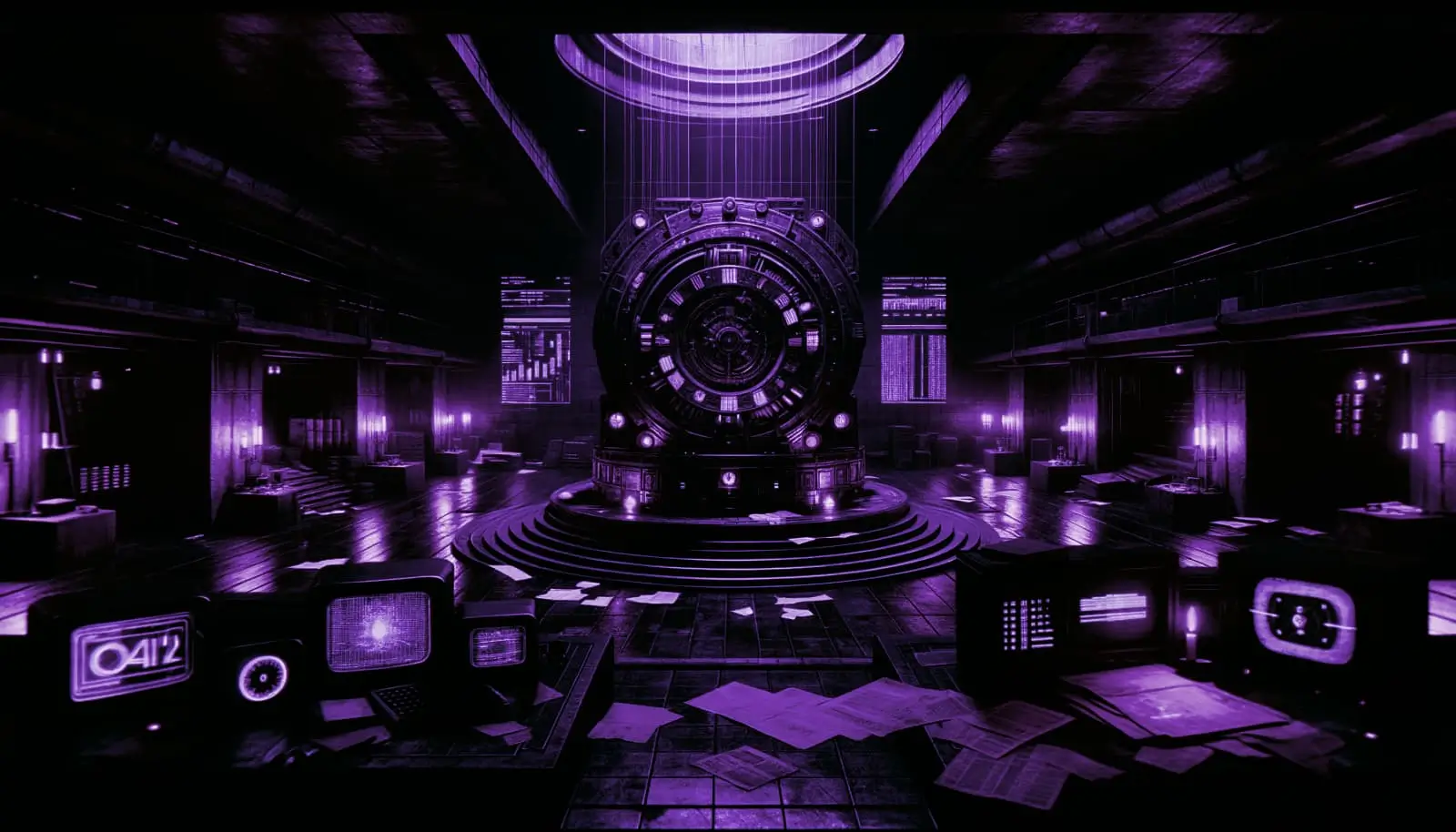 ominous time manipulation device in dim bunker with retro-futuristic screens and notes, embodying forbidden science