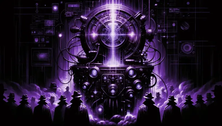 retro-futuristic machine glowing with neon green light surrounded by shadowy figures, hinting at free energy innovation