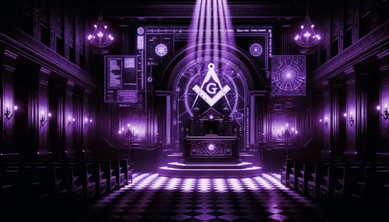 dimly lit freemason lodge with grand altar, neon purple accents, and mysterious symbols hinting at freemasons secrets