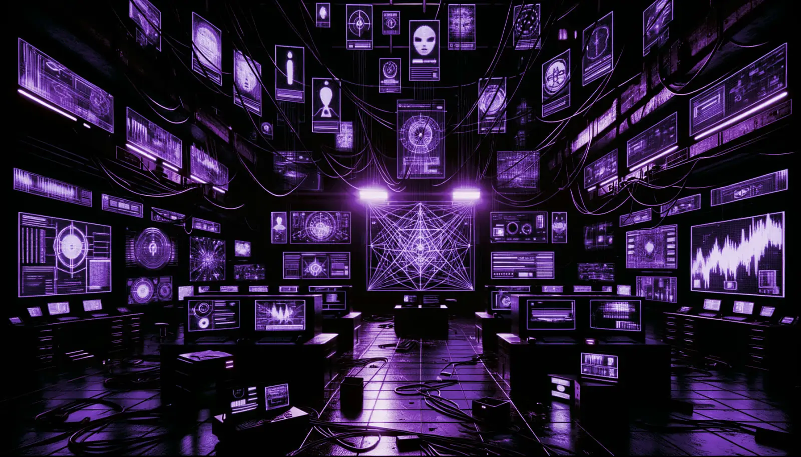 glowing retro-futuristic screens with cryptic symbols and distorted faces in a dark room exploring fringe theories