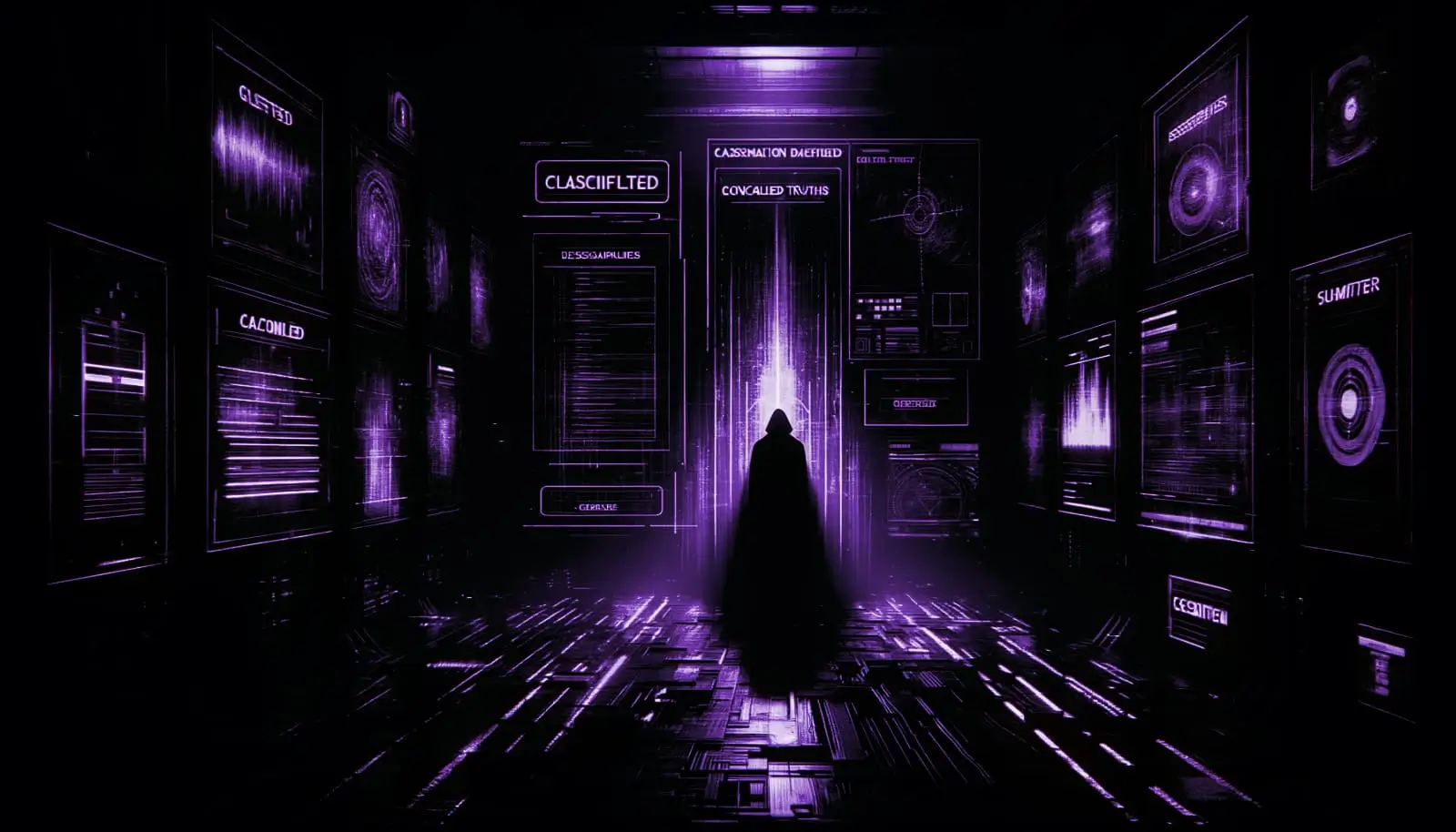 shadowy figure in a dim room with glitching screens and neon green accents, evoking themes of government cover-ups