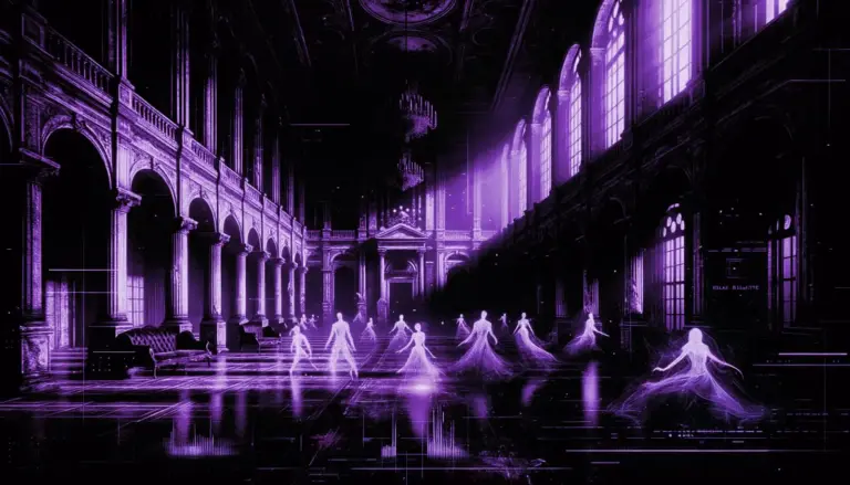 ghostly figures dancing in decaying essex manor ballroom with neon green accents and glitch effects in a haunted place