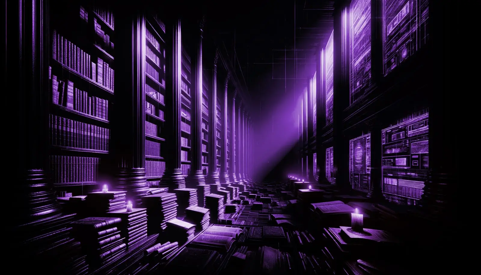forgotten library filled with ancient tomes and neon glow highlighting hidden history in a retro-futuristic, noir style
