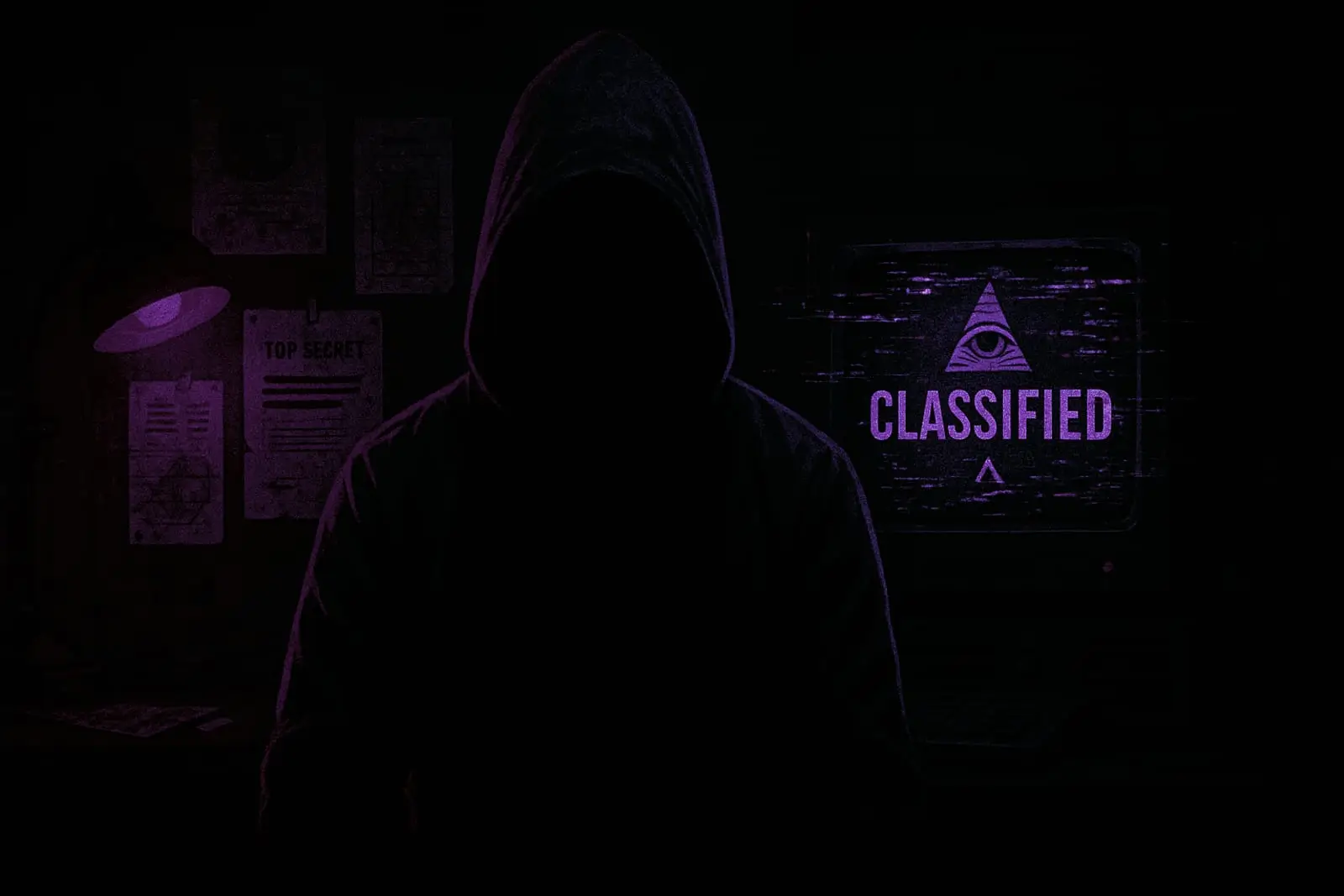 A hooded man with a hidden face sits in a dark room, facing forward, with a glitching “CLASSIFIED” message and Illuminati symbol behind him, surrounded by secret files and red lighting.