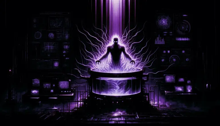 shadowy lab with a human-animal hybrid emerging from glowing liquid, surrounded by retro-futuristic lab equipment