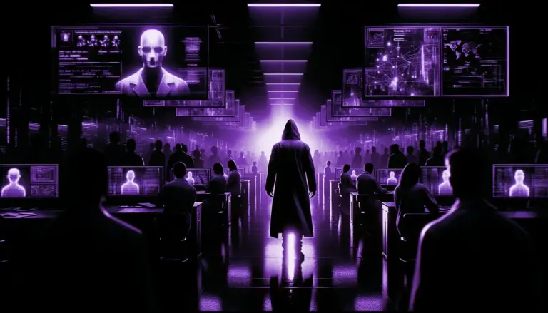 clone emerging from shadowy lab beneath flickering screens displaying cryptic data, highlighting human cloning theme