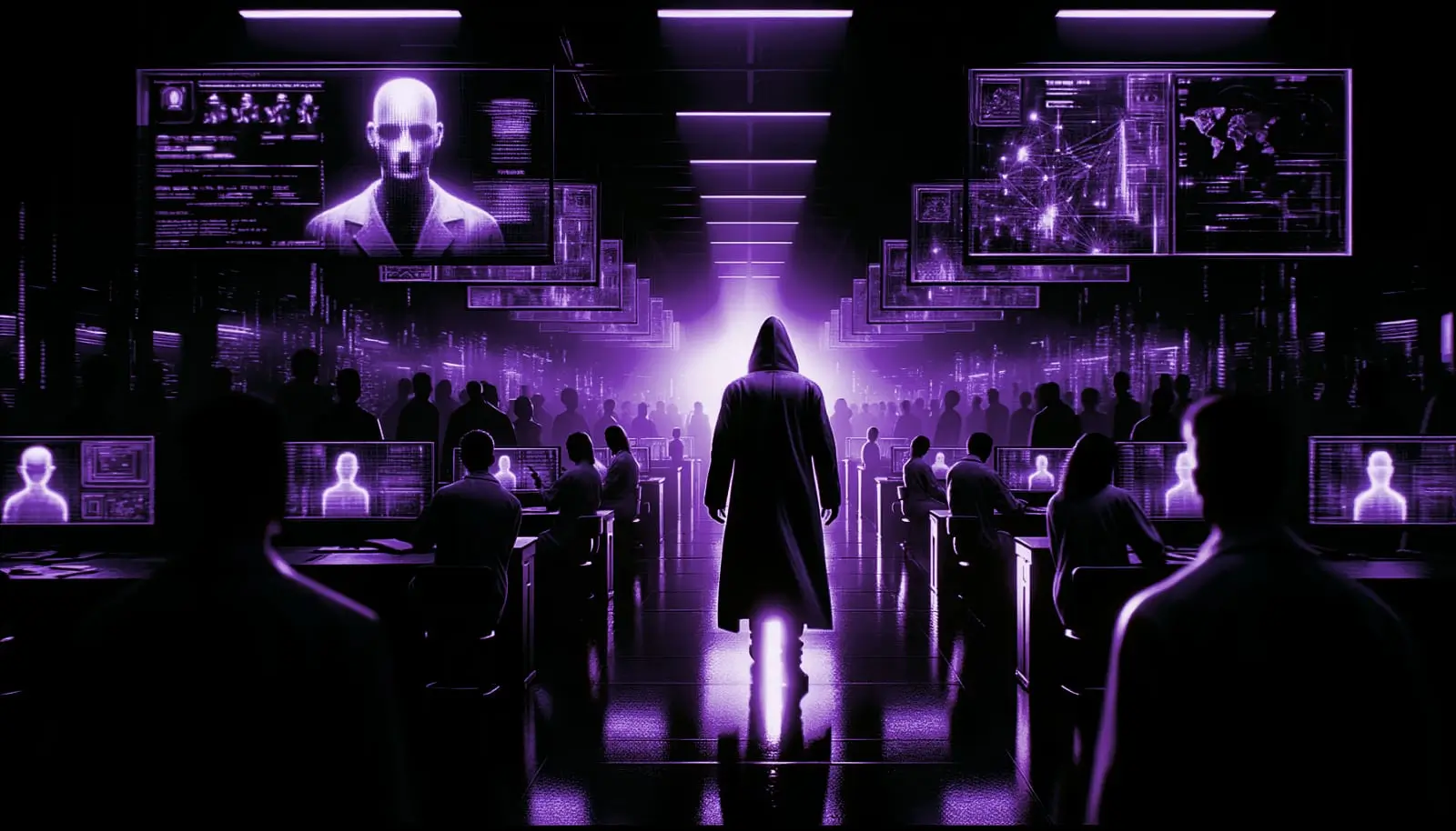 clone emerging from shadowy lab beneath flickering screens displaying cryptic data, highlighting human cloning theme