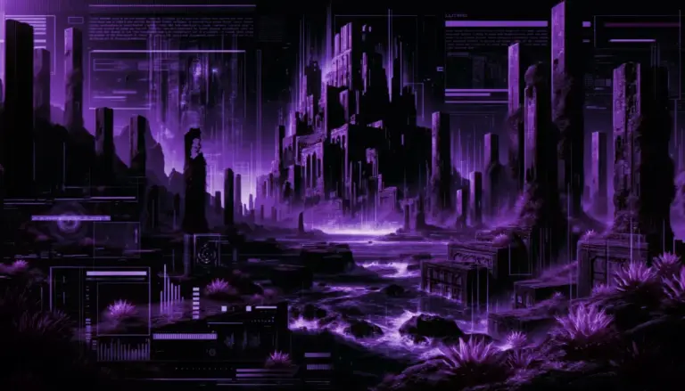 submerged ruins of the lemuria continent with neon green accents and glitch effects under strong directional lighting