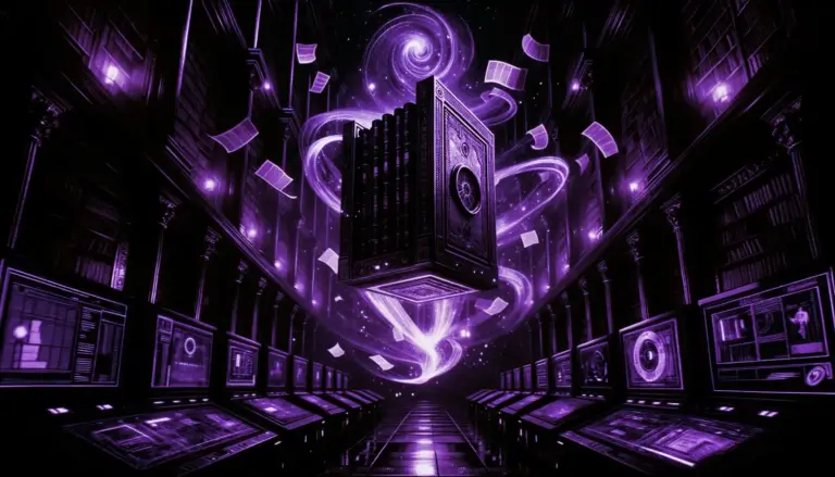 swirling ethereal forces lifting the library of alexandria into space with glowing scrolls and neon purple accents