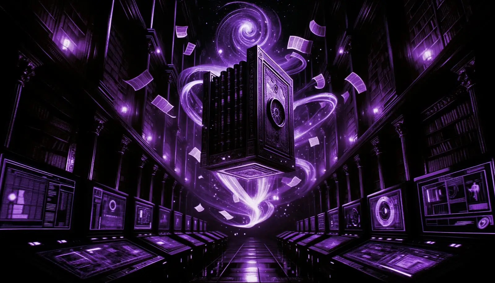swirling ethereal forces lifting the library of alexandria into space with glowing scrolls and neon purple accents