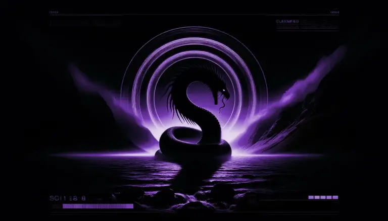 shadowy loch ness monster emerging from swirling mist, silhouetted against water with neon green accents and glitch effects