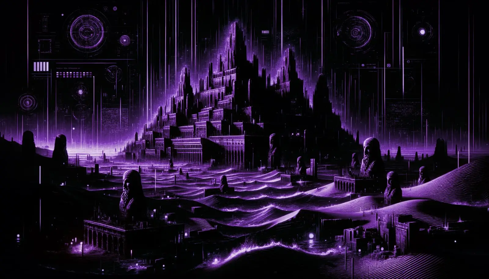 ancient submerged cityscape of the lost city of atlantis with neon green lights and crumbling statues in a dark underwater setting