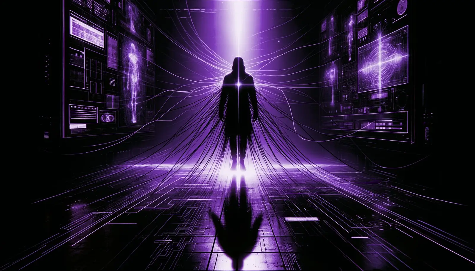 shadowy figure tethered by glowing wires in a dim chamber with glitch effects, highlighting mind control experiments