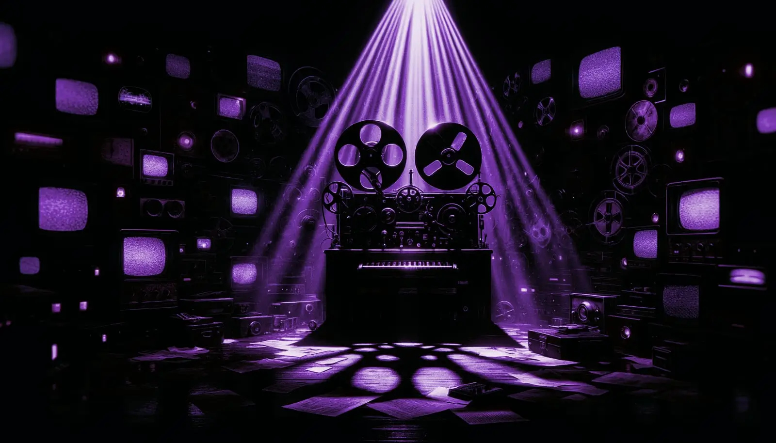 a shadowed relic room with mkultra mind control devices, featuring a tape recorder in light amid dusty monitors and memos