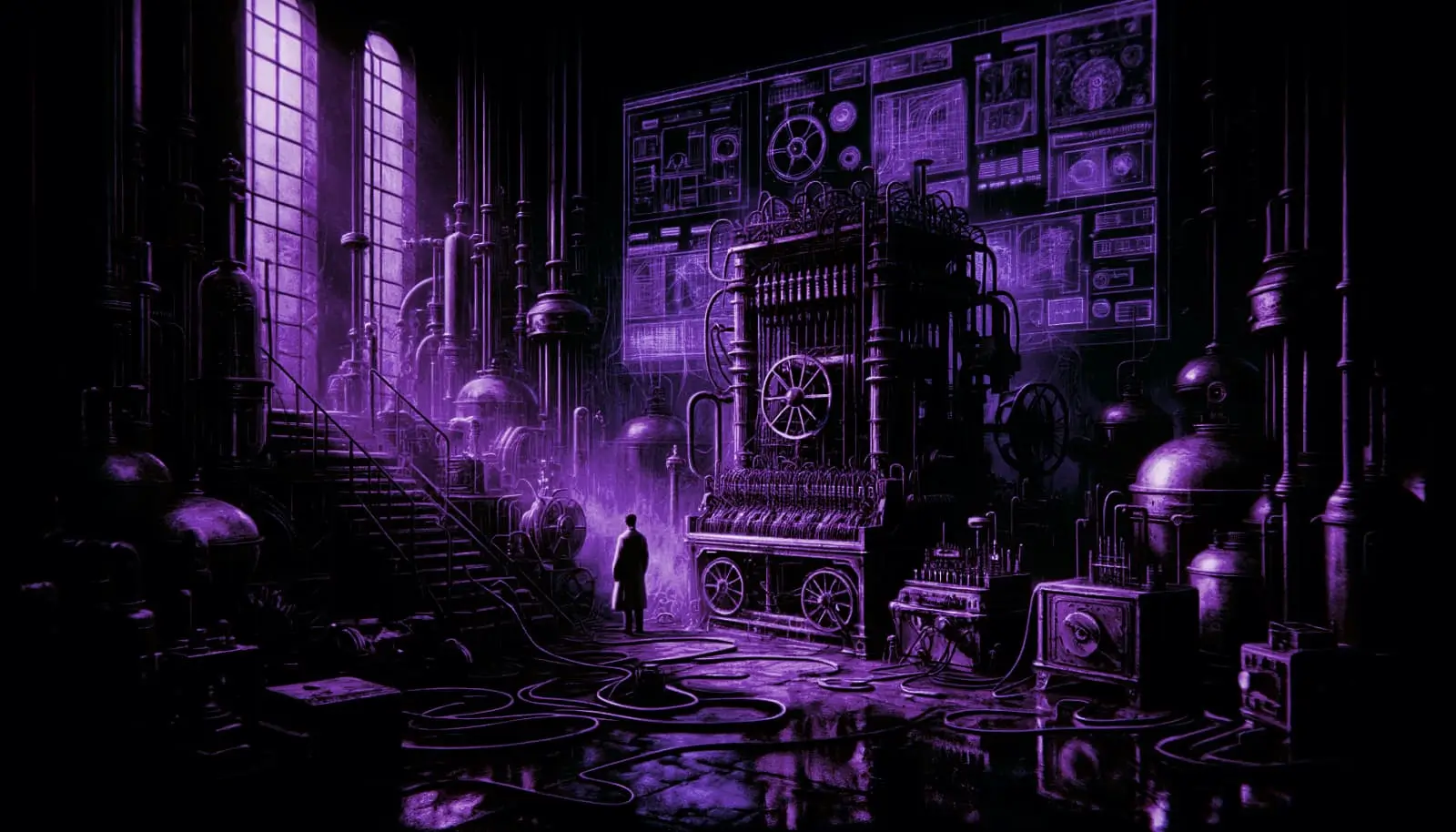 spectral figure of nikola tesla in a dimly lit lab with arcane machinery, neon blue accents, and retro-futuristic screens