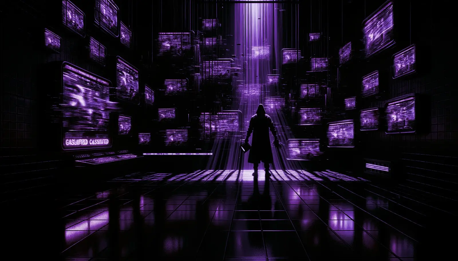 shadowy figure interacts with retro-futuristic screens amid distorted headlines and neon green accents, evoking operation mockingbird