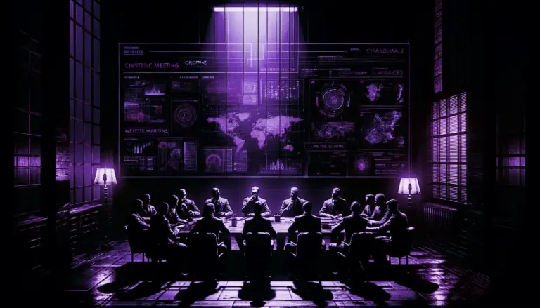 shadowy figures in dim light around a table with cryptic documents, evoking operation northwoods false flag atmosphere