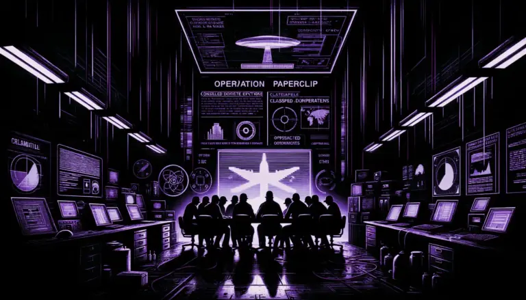 shadowy figures in a clandestine lab with flickering neon screens and operation paperclip files surrounding them