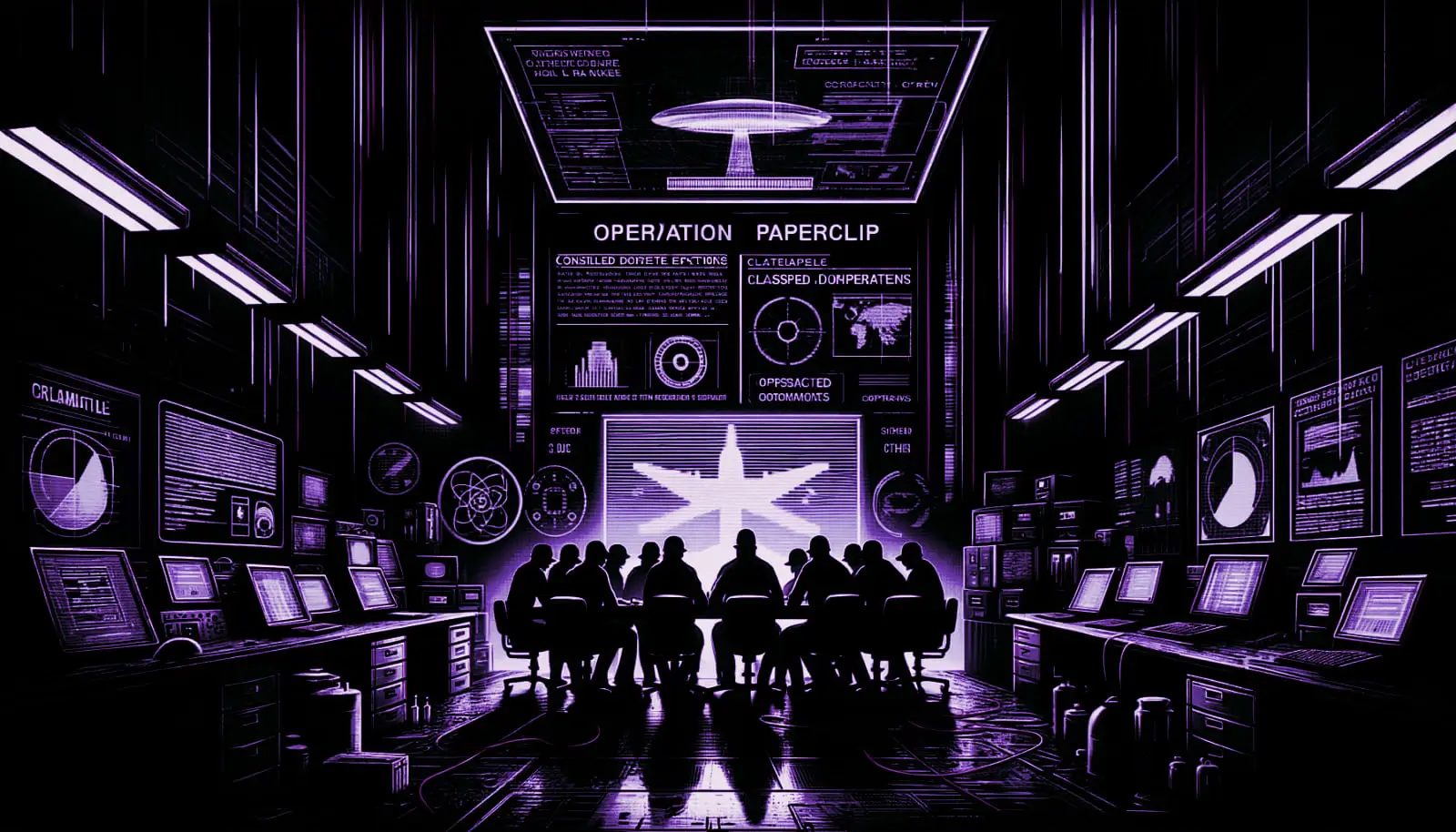 shadowy figures in a clandestine lab with flickering neon screens and operation paperclip files surrounding them