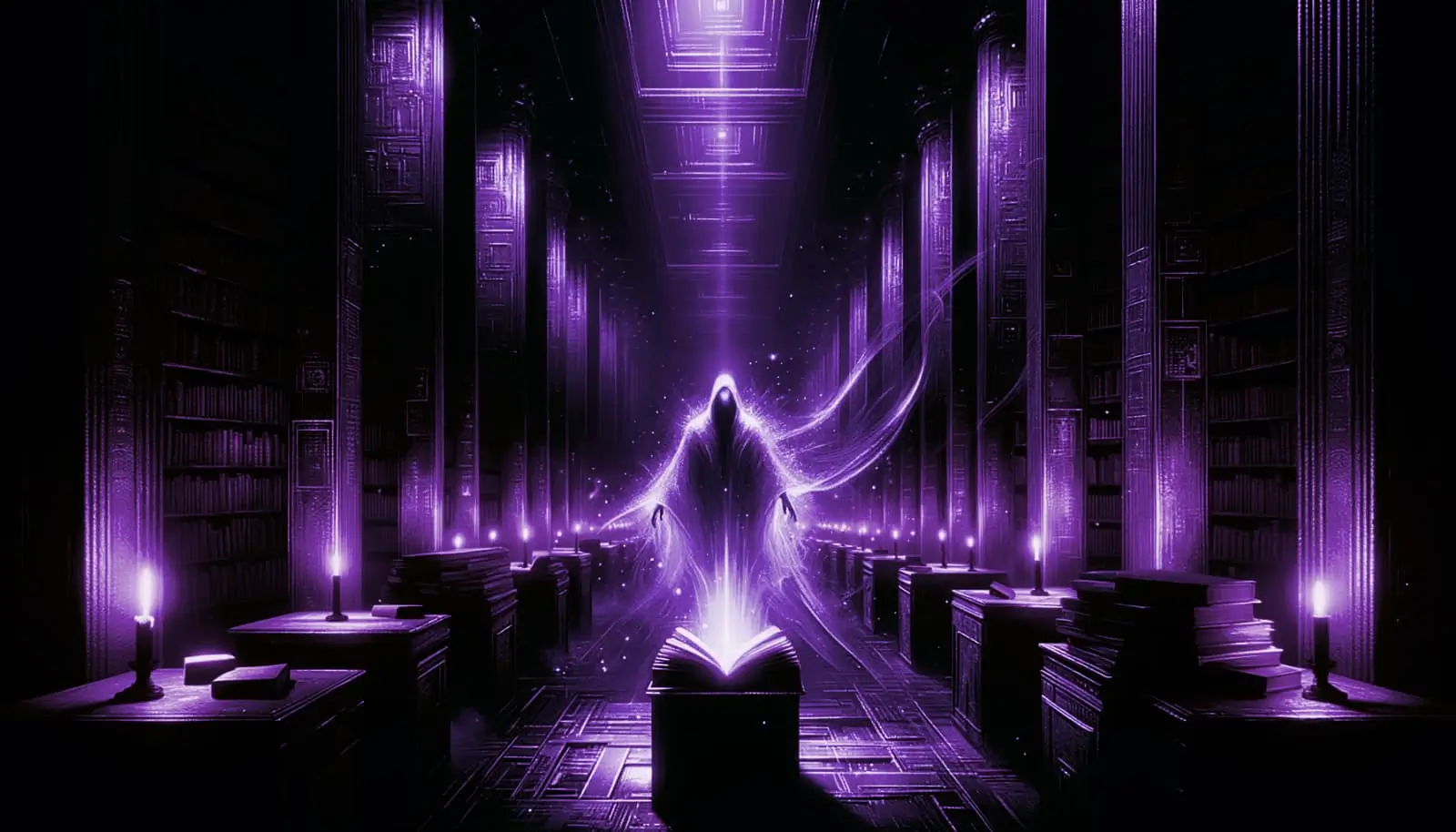 spectral figure reaching for glowing book in dark library with glitch effects and neon green accents, embodying paranormal mysteries