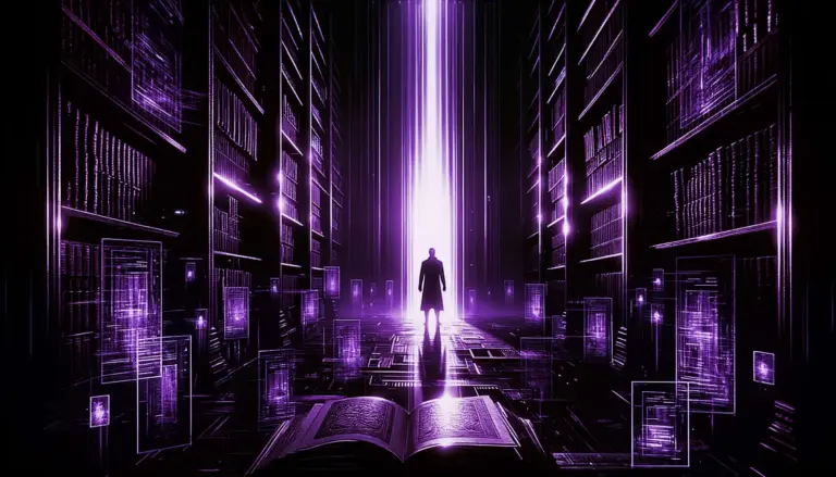 lone figure in shadowy library with ancient books and neon accents, revealing scroll related to phantom time hypothesis