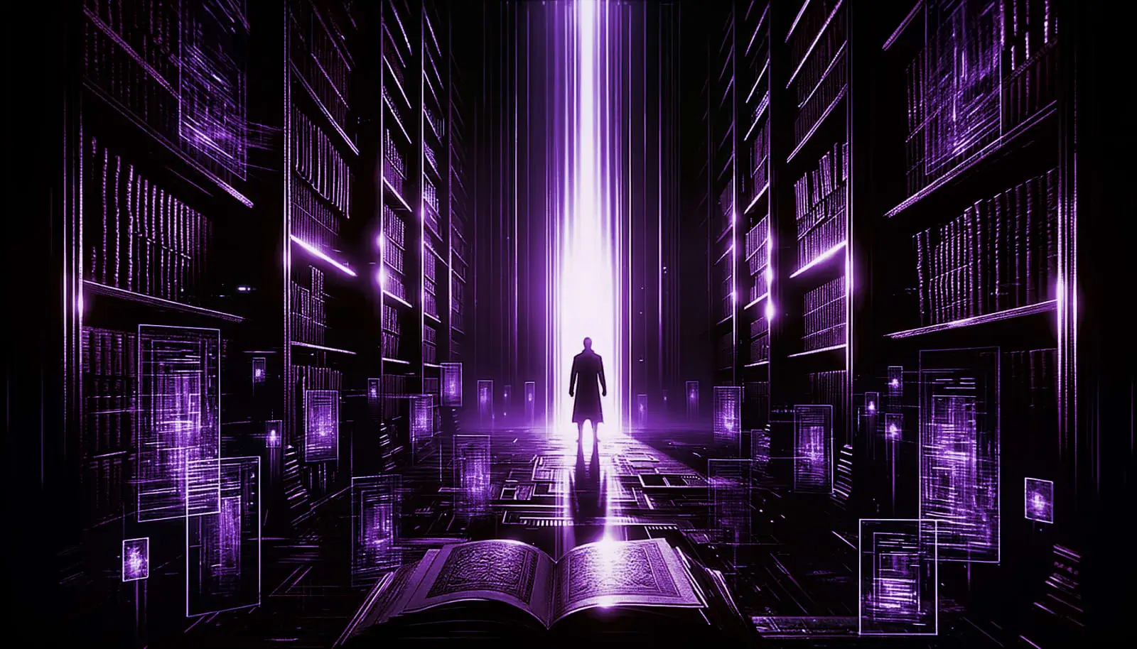 lone figure in shadowy library with ancient books and neon accents, revealing scroll related to phantom time hypothesis