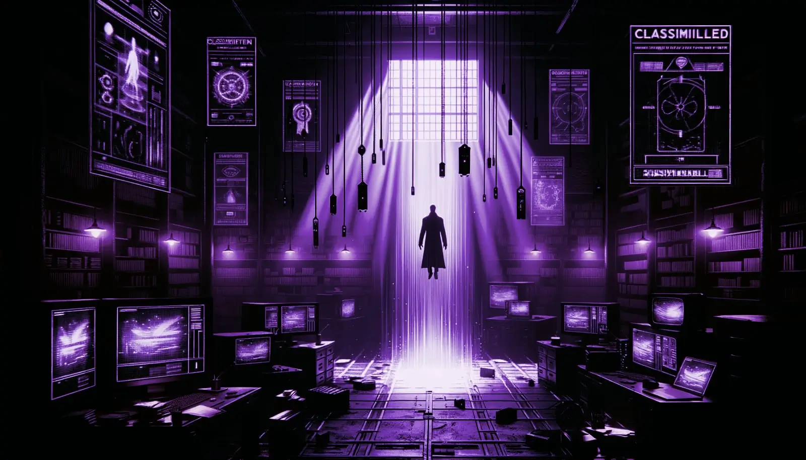 levitating objects in a dimly lit haunted room with glitch effects and neon green accents, illustrating poltergeist activity