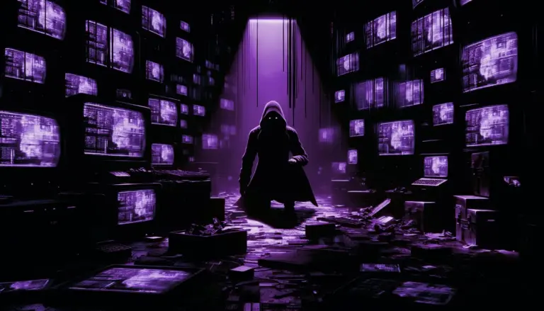 shadowy figure amidst flickering retro-futuristic screens with neon green accents, hinting at project artichoke secrets