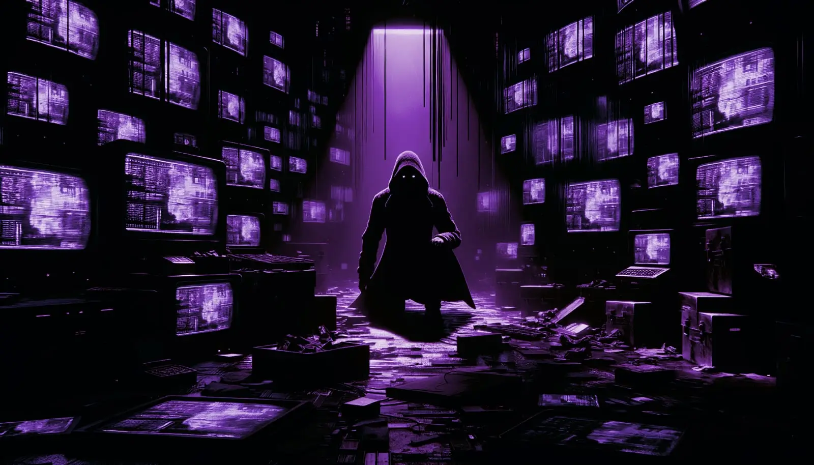 shadowy figure amidst flickering retro-futuristic screens with neon green accents, hinting at project artichoke secrets