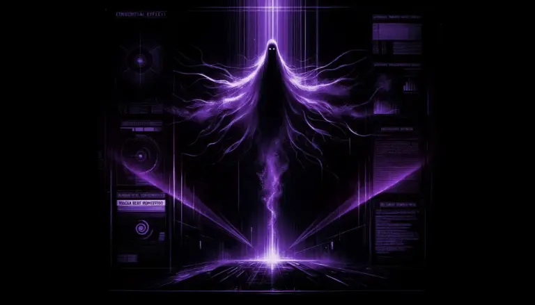 ethereal specter hovering with glitch effects and neon purple accents, embodying project blue beam in a dark mysterious setting