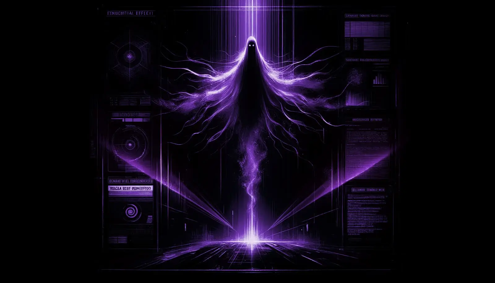 ethereal specter hovering with glitch effects and neon purple accents, embodying project blue beam in a dark mysterious setting
