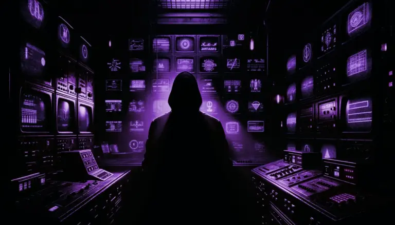 shadowy figure in dim room with dusty control panels and flickering monitors displaying project monarch cryptic symbols