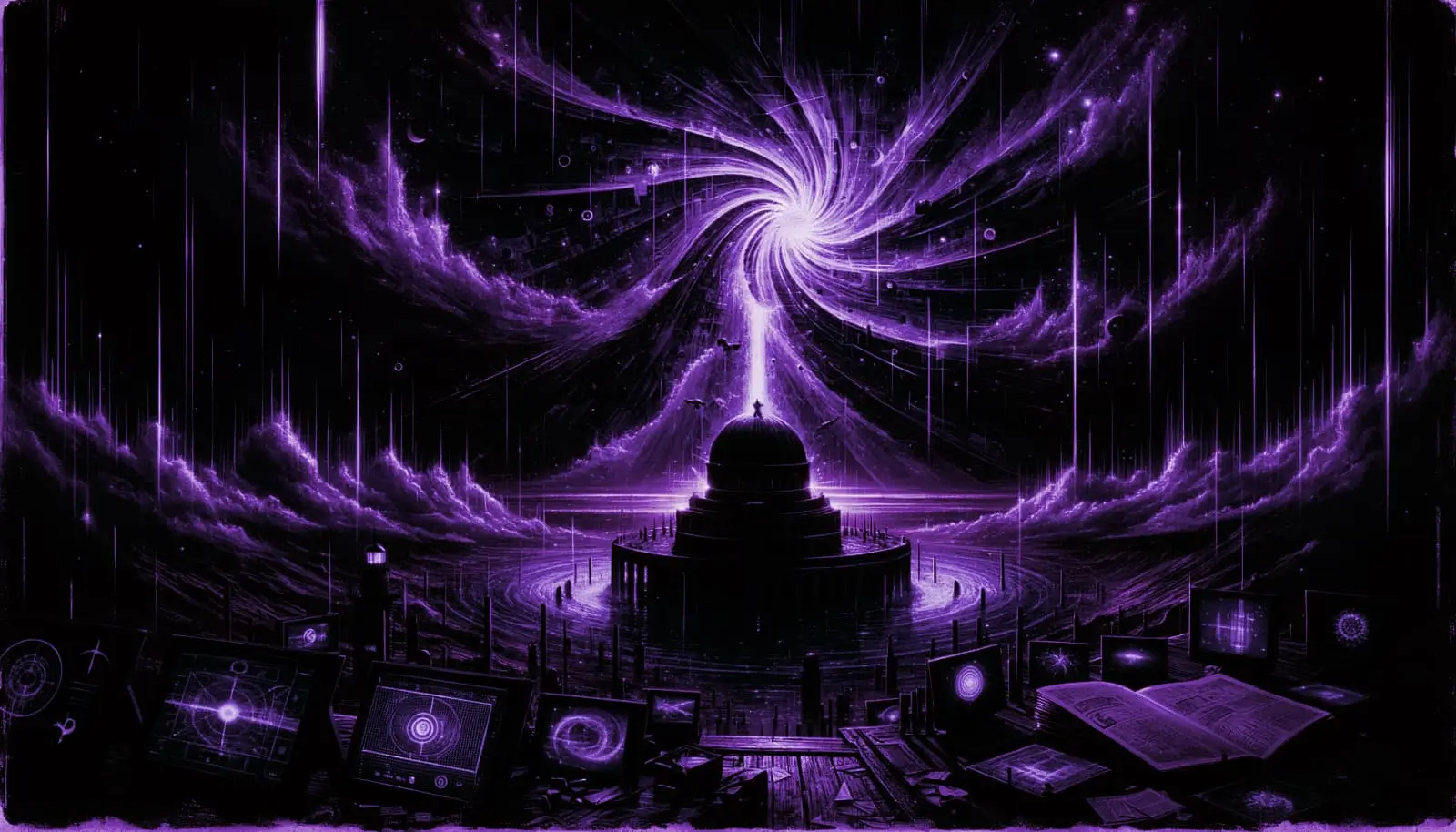 abandoned observatory with ghostly figure in swirling portal, showcasing psychic phenomena amidst retro-futuristic elements