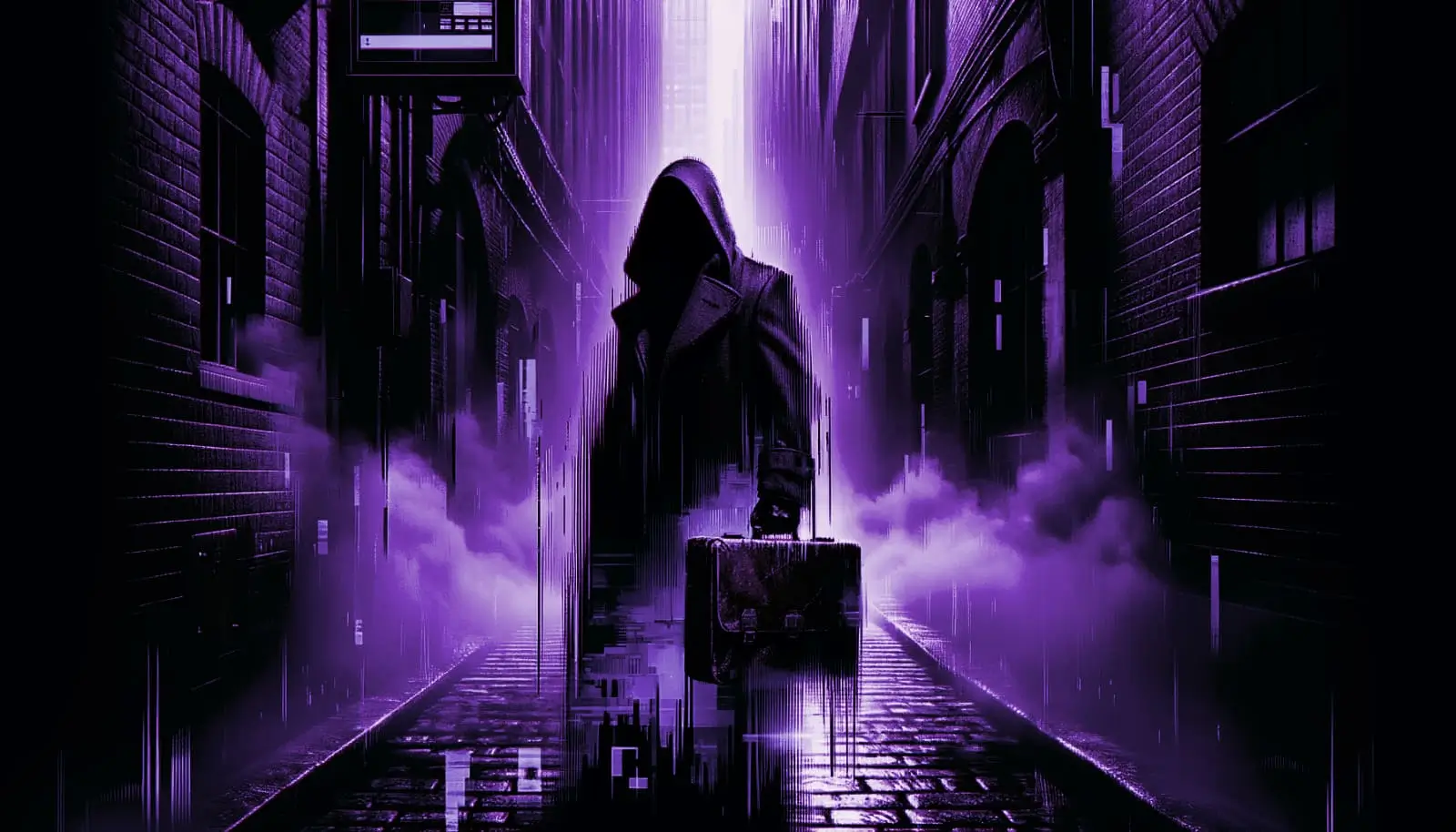 shadowy figure with a briefcase of classified documents in a foggy alley, accented by neon green and glitch effects
