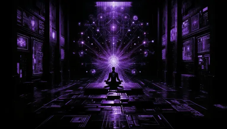 shadowed enclave with a meditating figure projecting holographic scenes, glitch effects, and neon green accents for remote viewing