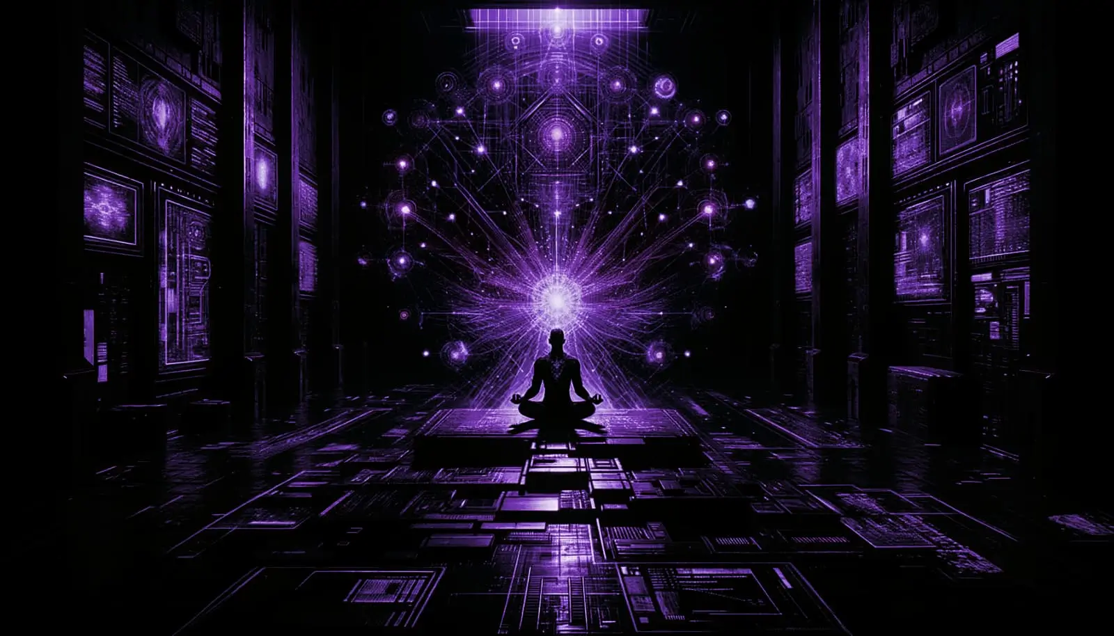 shadowed enclave with a meditating figure projecting holographic scenes, glitch effects, and neon green accents for remote viewing