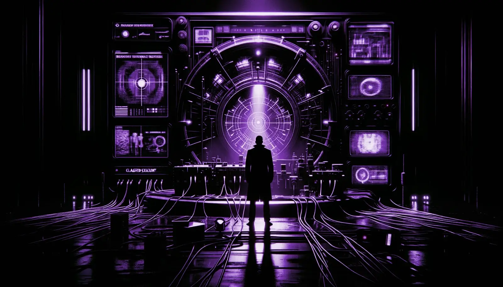 shadowy figure in front of a complex machine with neon green accents, hinting at secret government experiments