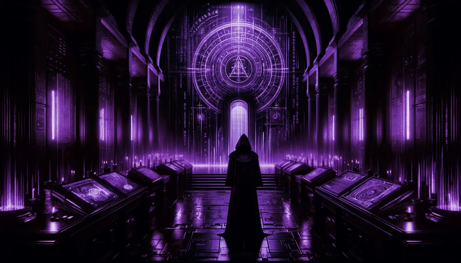 hooded figure in dim chamber with esoteric symbols and artifacts, glitch effects, and neon purple accents representing secret societies