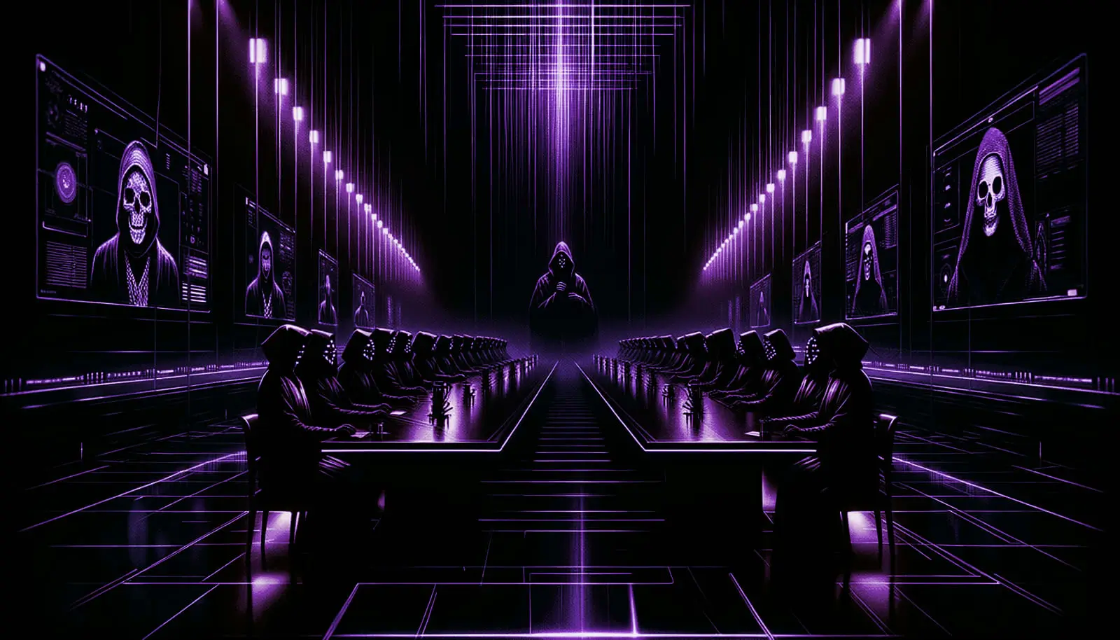 shadowy conference room with dark-robed figures in skull and bones masks, glitch effects, and neon purple accents
