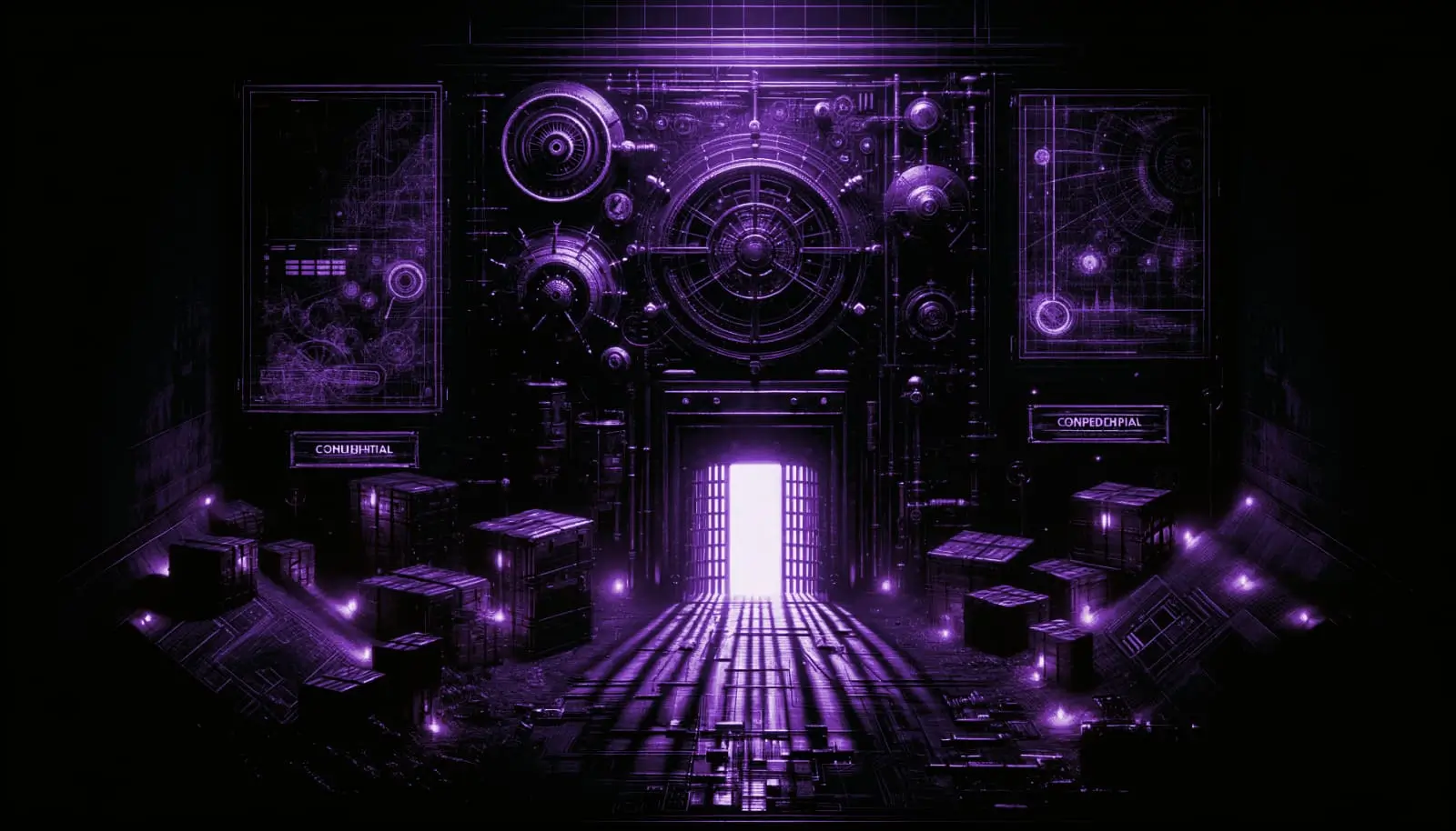 clandestine vault with enigmatic machines and blueprints, flickering light revealing suppressed technology in retro-futuristic style