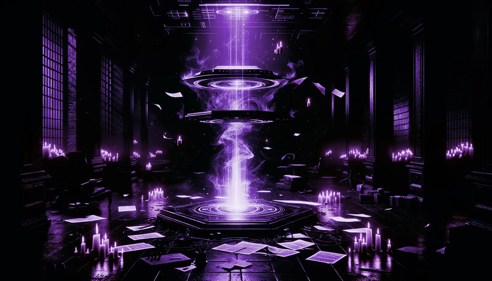 levitating table with scattered papers and flickering candles suggesting telekinesis real cases in a dark, mysterious setting