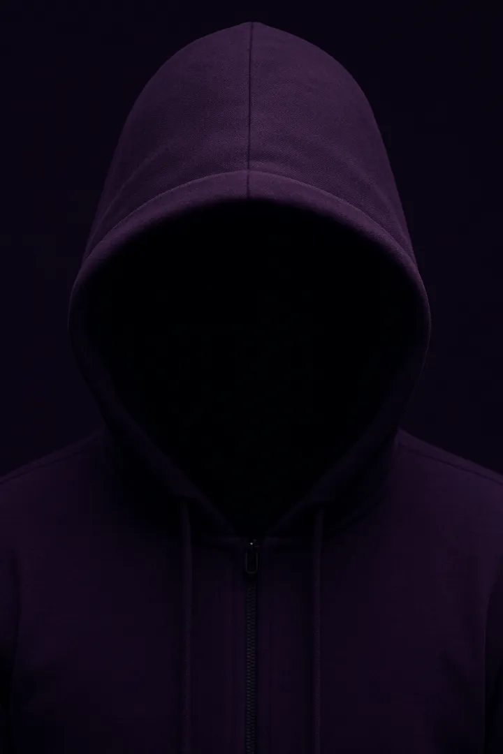 Mysterious hooded figure in shadow with face obscured, wearing a dark purple hoodie.