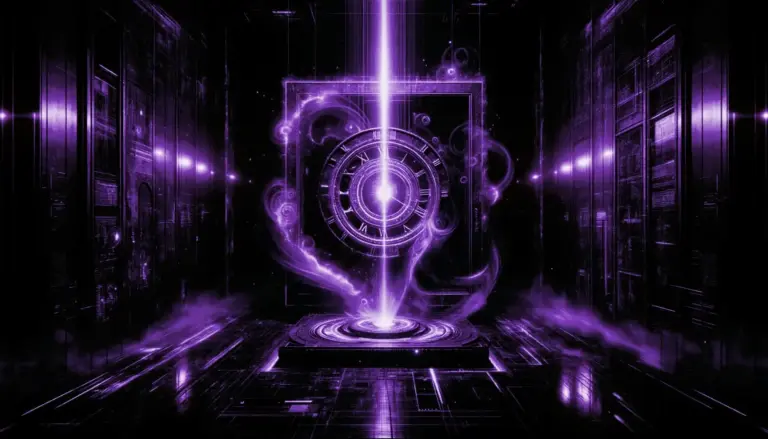 shadowy ancient artifact in light beam surrounded by swirling energies and ethereal clocks, evoking time travel