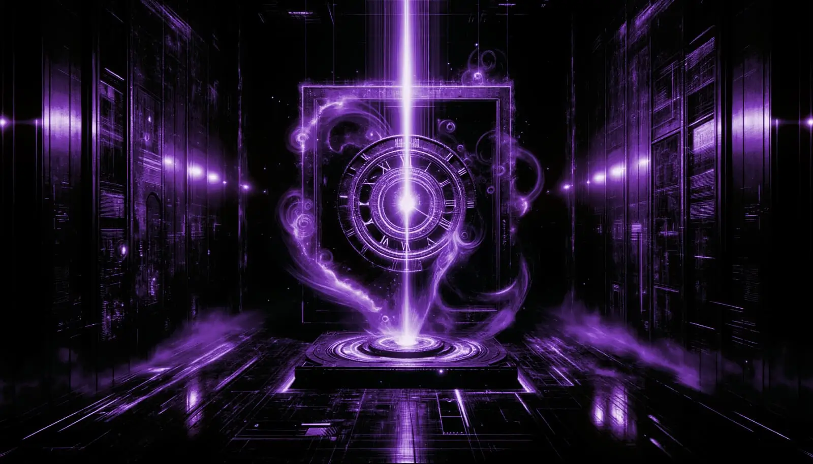 shadowy ancient artifact in light beam surrounded by swirling energies and ethereal clocks, evoking time travel