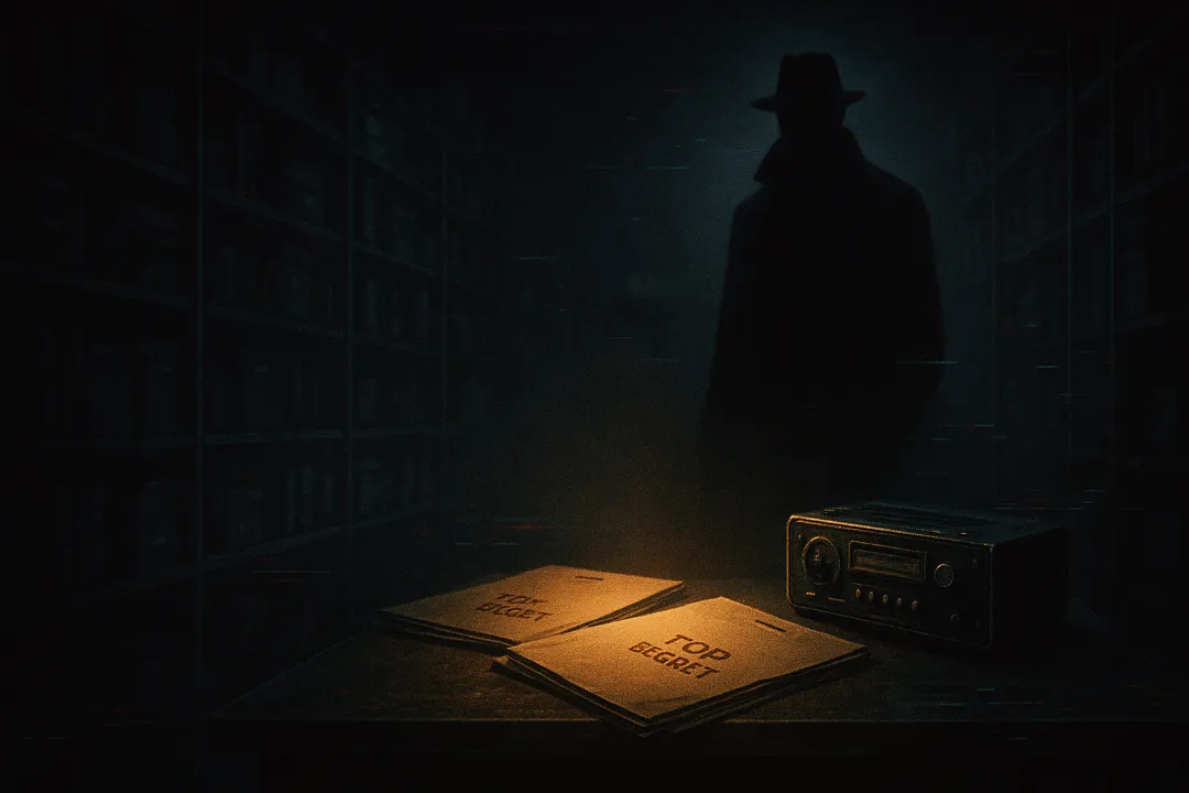 A shadowed figure in a hood, facing away from the viewer, against a dark background filled with glitch effects and classified overlays.