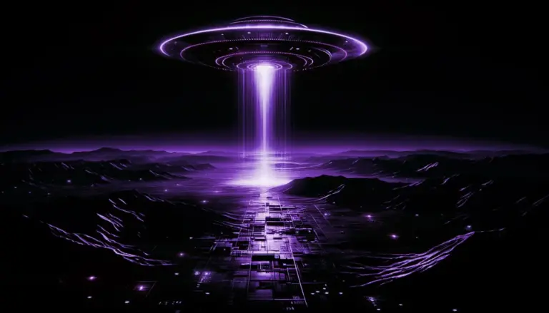 mysterious ufo hovering over a barren landscape with neon green glow and glitch effects in a retro-futuristic style