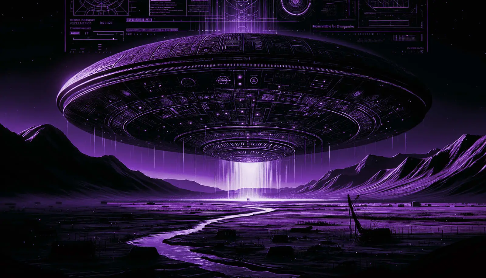 massive ancient alien craft with cryptic symbols hovering over desolate landscape, neon green accents, glitch effects