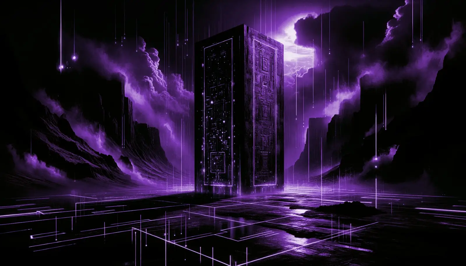 towering monolith with ancient carvings and neon glow casting shadows, evoking velikovsky theory in a mysterious setting
