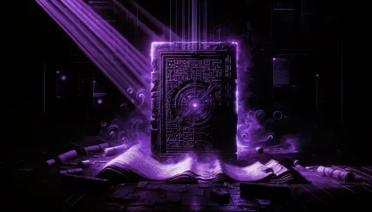 ancient mystical tablet with glowing glyphs surrounded by mists and scrolls, illustrating the world most oldest language
